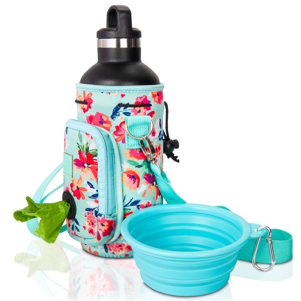 Teal Floral Hands-Free 32 oz Water Bottle Carrier with Dog Waste Bag Dispenser, Collapsible Pet Bowl & Storage Pocket
