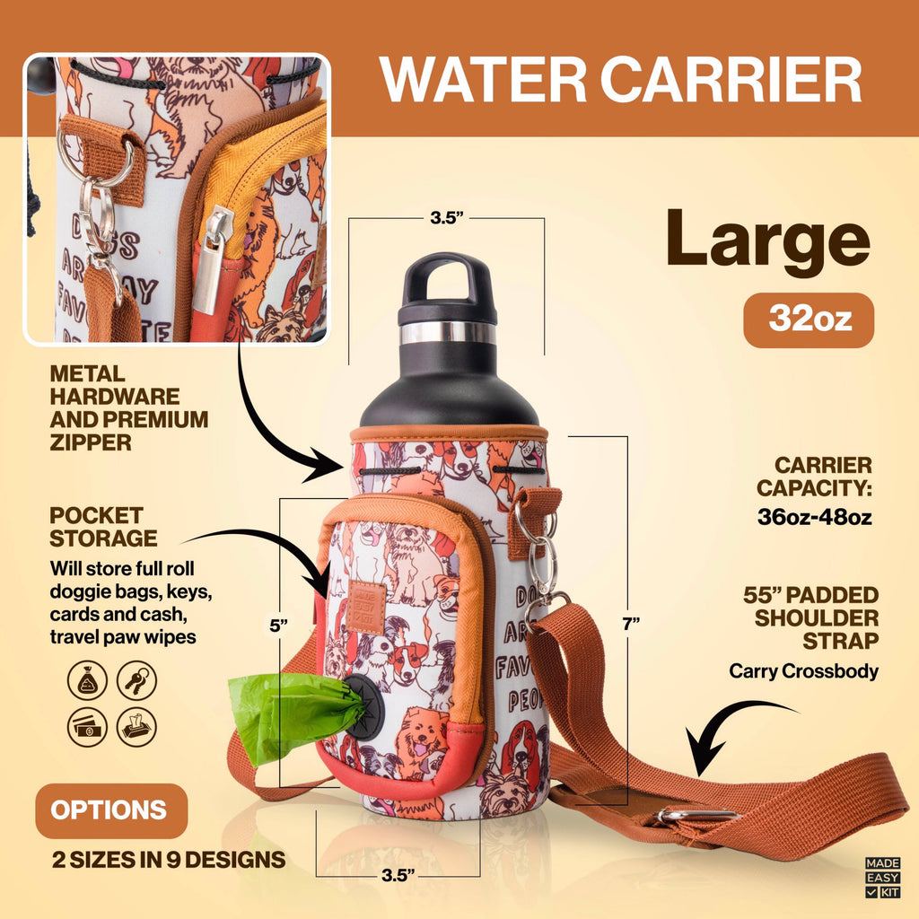 Teal Floral Hands-Free 32 oz Water Bottle Carrier with Dog Waste Bag Dispenser, Collapsible Pet Bowl & Storage Pocket