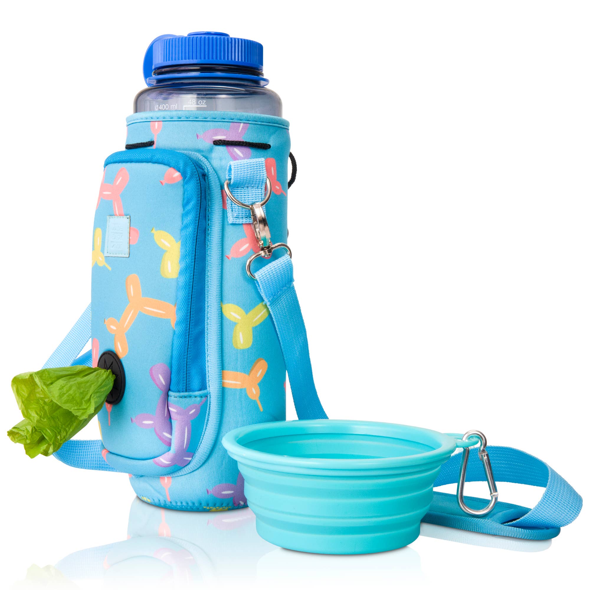 Balloon Dogs Hands-Free 32 oz Water Bottle Carrier with Dog Waste Bag Dispenser, Collapsible Pet Bowl & Storage Pocket