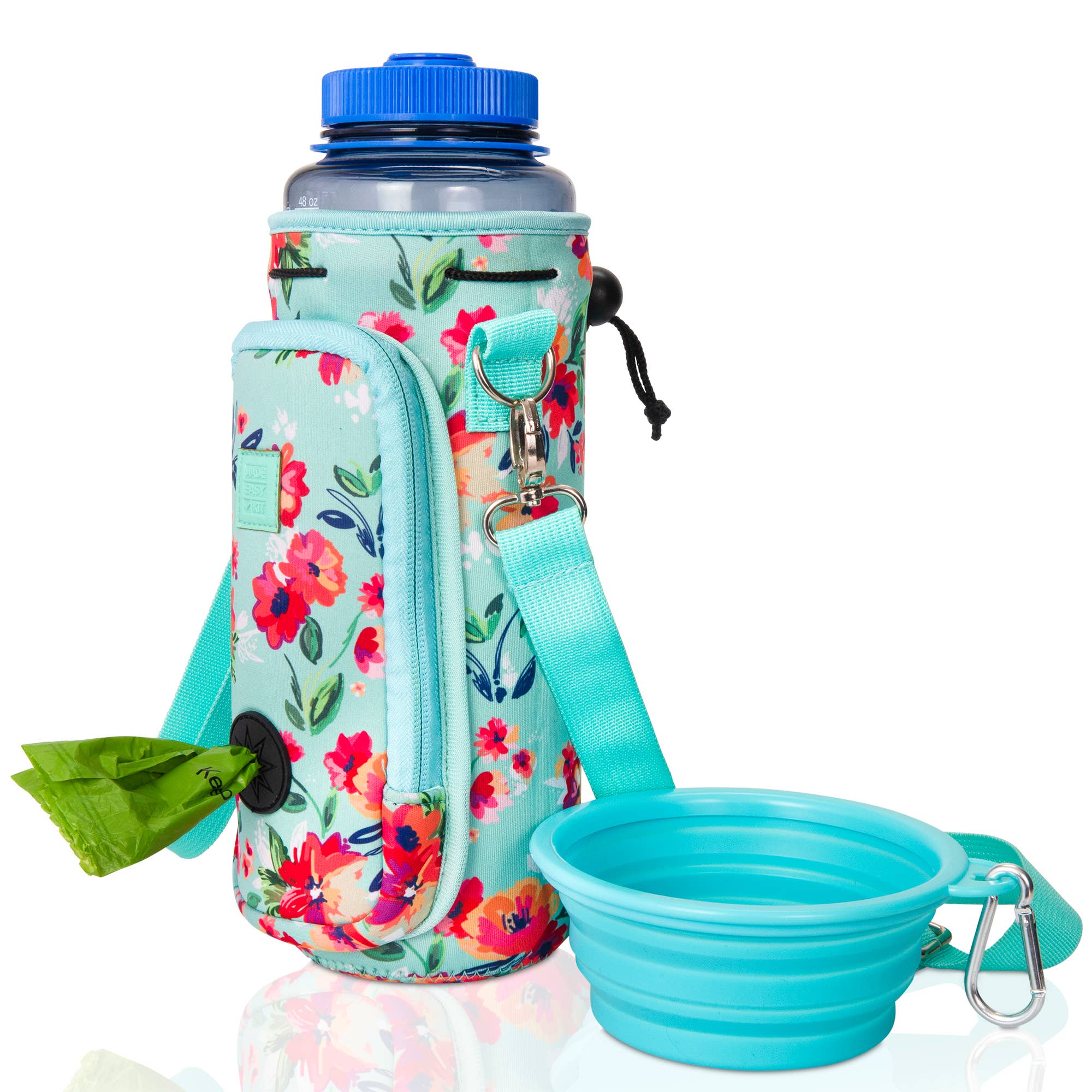 Teal Floral Hands-Free 32 oz Water Bottle Carrier with Dog Waste Bag Dispenser, Collapsible Pet Bowl & Storage Pocket