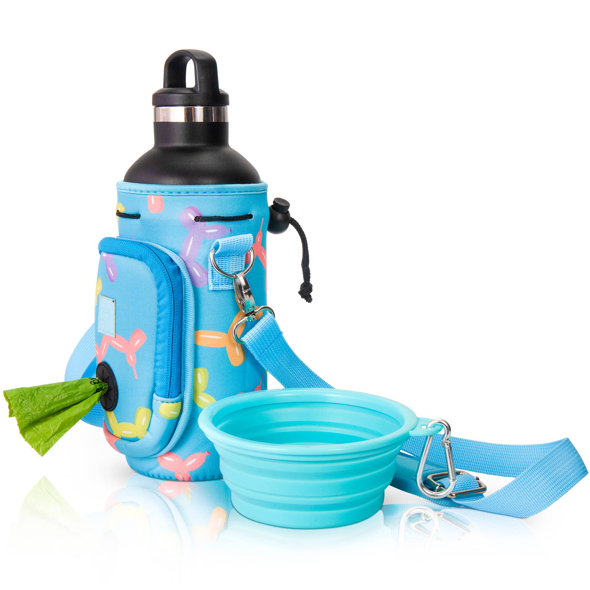 Balloon Dogs Hands-Free 32 oz Water Bottle Carrier with Dog Waste Bag Dispenser, Collapsible Pet Bowl & Storage Pocket