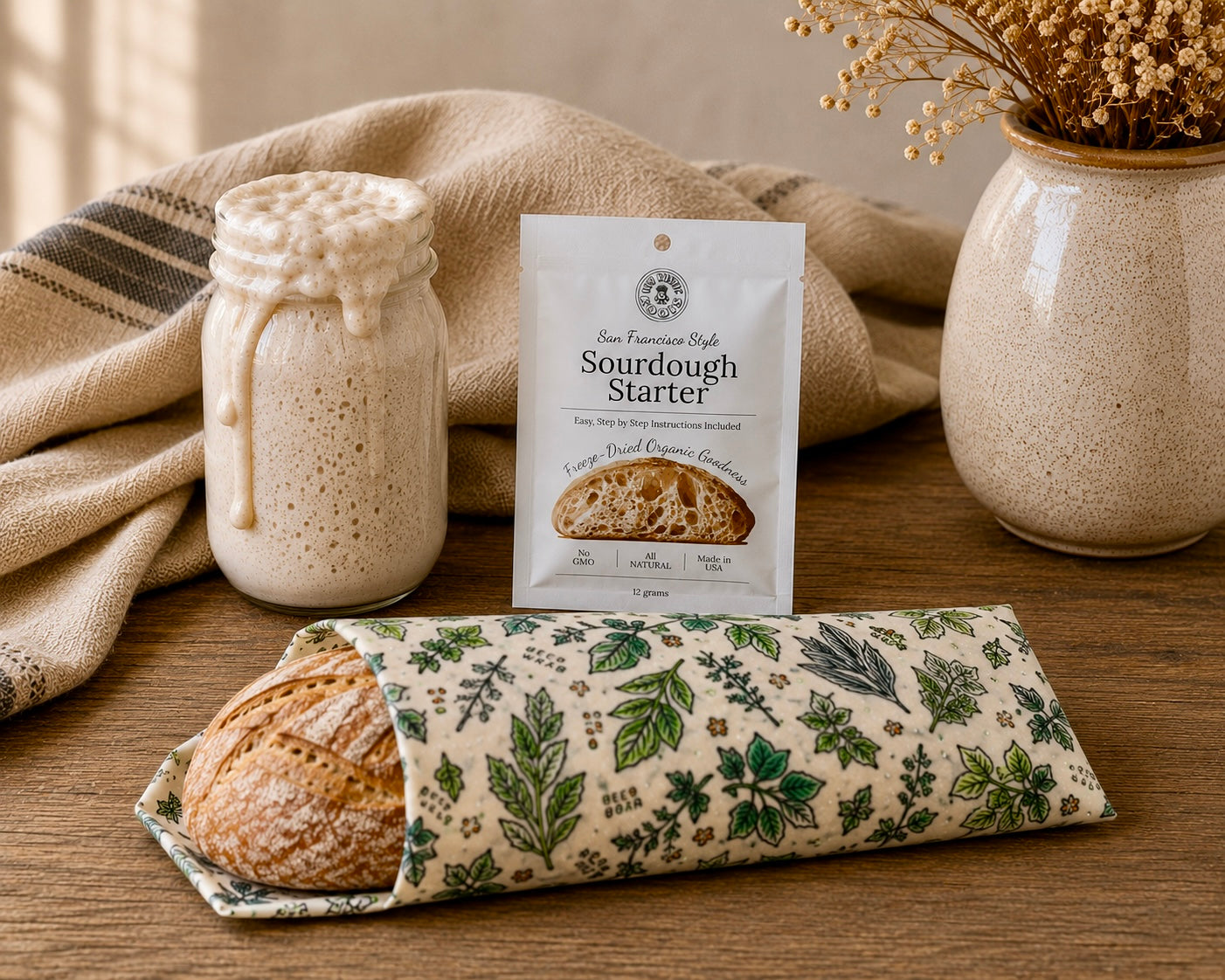 Freeze-Dried Sourdough Starter & Bees Wrap Beeswax Reusable Bread Wrap - Herb Garden Print